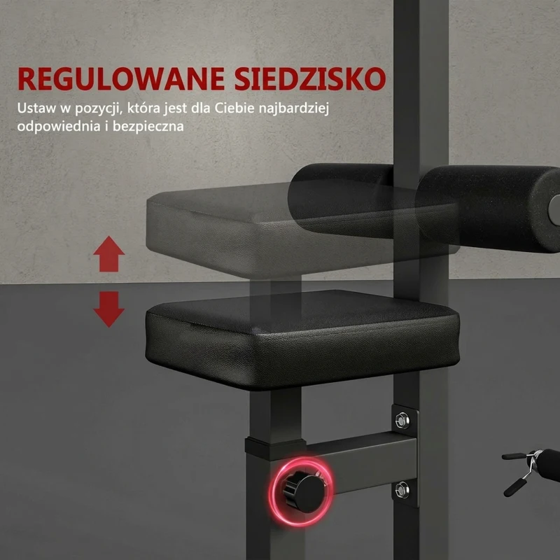 Atlas HOMCOM z kołem pasowym regulowanym siedziskiem i kilkoma pozycjami linek do wzmacniania mięśni urządzenie treningowe fitnessu w domu stal kolor czarny 180 x 183 x 219 cm