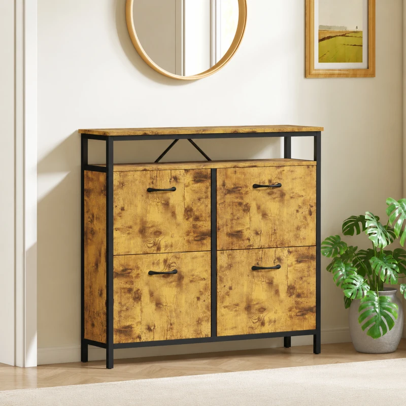 HOMCOM Zapatero Estrecho con 4 Cajones Abatibles Estante Abierto Estantes Ajustables y Encimera 12-20 Pares Marrón Rústico