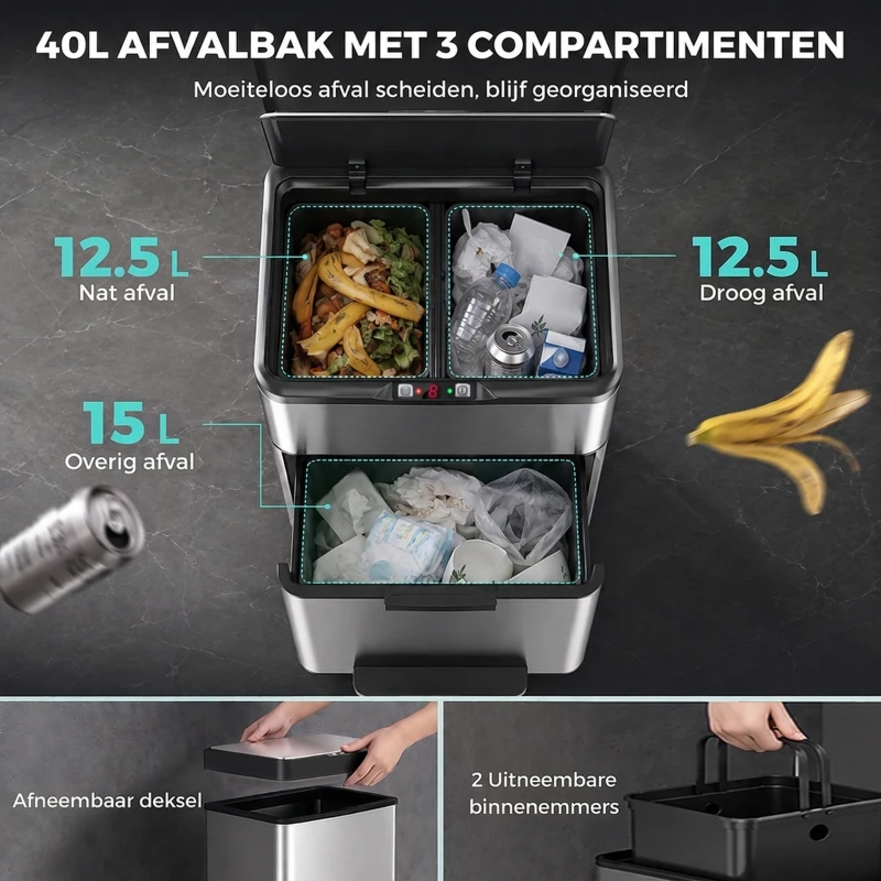 HOMCOM 40L sensorprullenbak, 3 vakken (2 x 12,5L + 15L), met soft-close en openstandfunctie, zilver