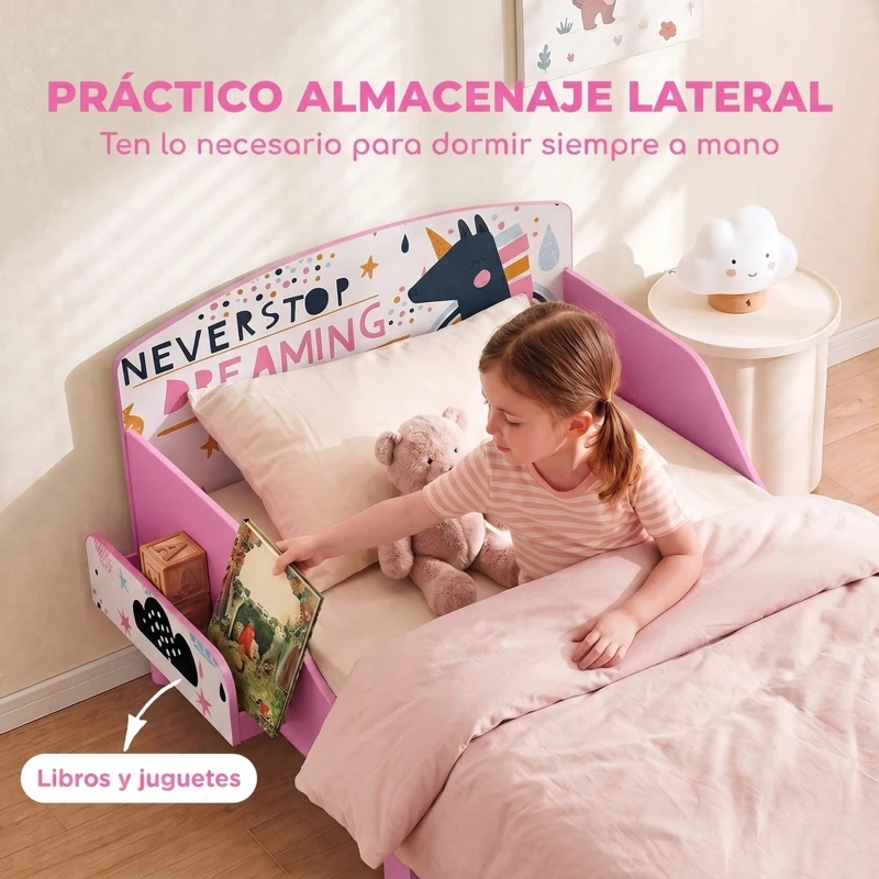 AIYAPLAY Cama Infantil con Almacenaje 70x140 cm Cama Montessori con Barandillas Tema de Superniña 3-8 Años Rosa