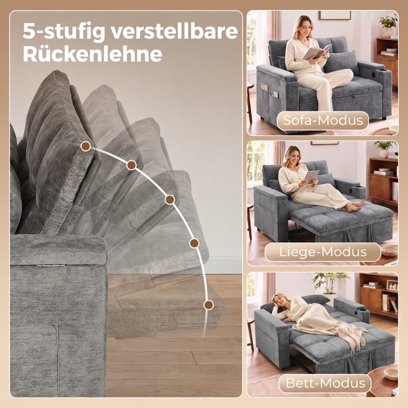 HOMCOM Schlafsofa 2 Sitzer mit verstellbarer Rückenlehne Schlafcouch mit 2 Kissen 136x190 cm Grau