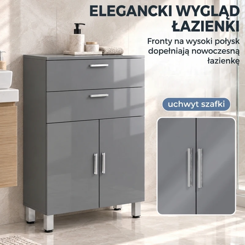 kleankin Szafka łazienkowa, komoda do łazienki, 2 szuflady, regulowana półka, drewno, szara