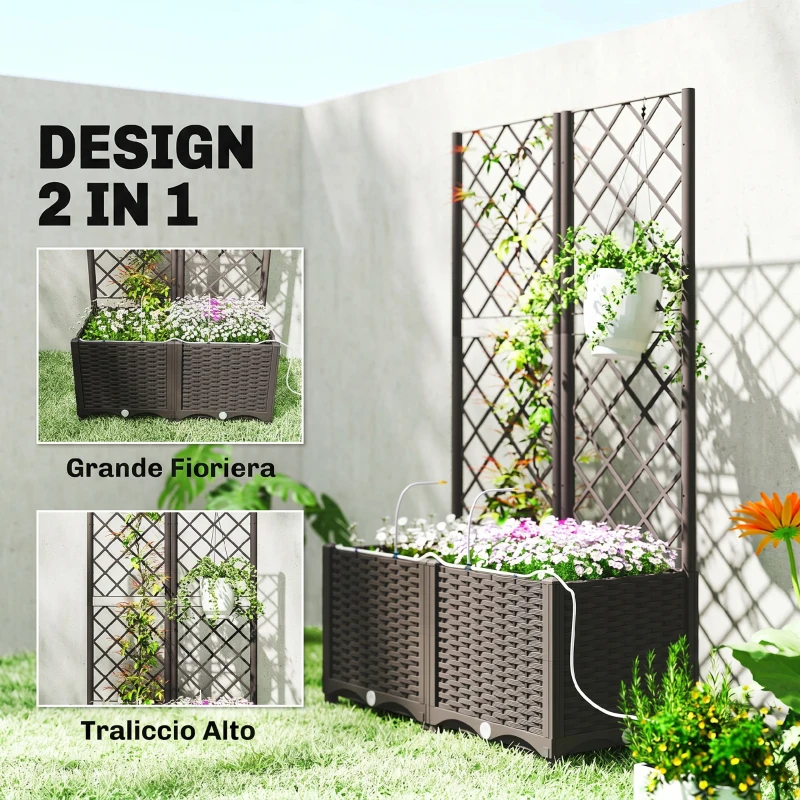 Outsunny Set 2 Orti Rialzati da Esterno con Grigliato, Sistema Irrigazione, Timer, Serbatoio d'Acqua 80x40x136cm Marrone