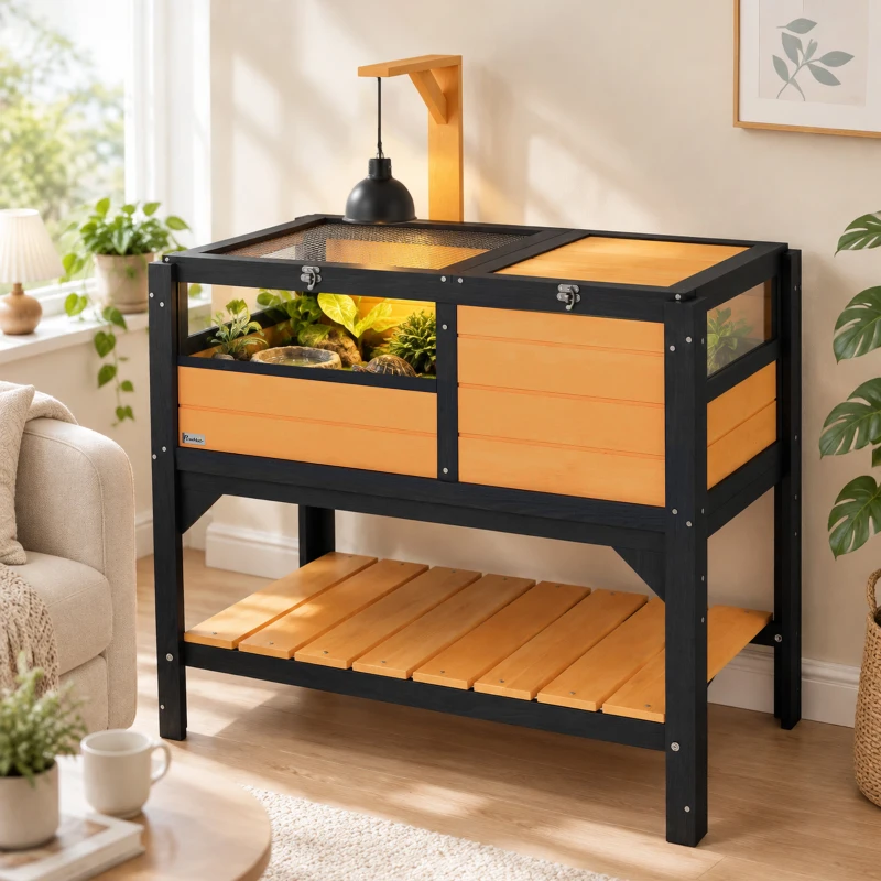 PawHut Wooden Tortoise House, with Shelter, Run, Shelf, Lamp Holder, Tray, Yellow