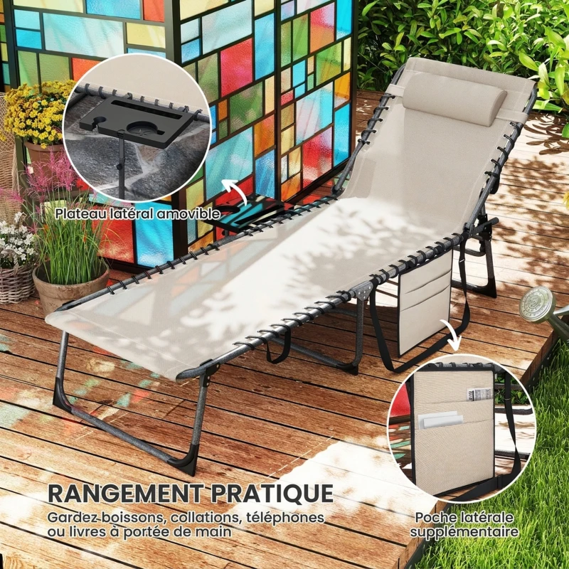 Outsunny Bain de soleil pliante dossier réglable sur 5 niveaux, plateau, appuie-tête, poche latérale 60x190x31cm, crème