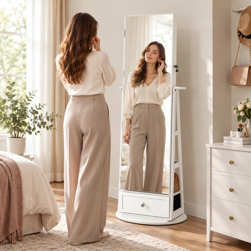 HOMCOM Espelho de Pé Giratório 360° com Espelho com Interior Iluminado Organizador de Jóias com Prateleiras e Gavetas 56x56x164 cm Branco
