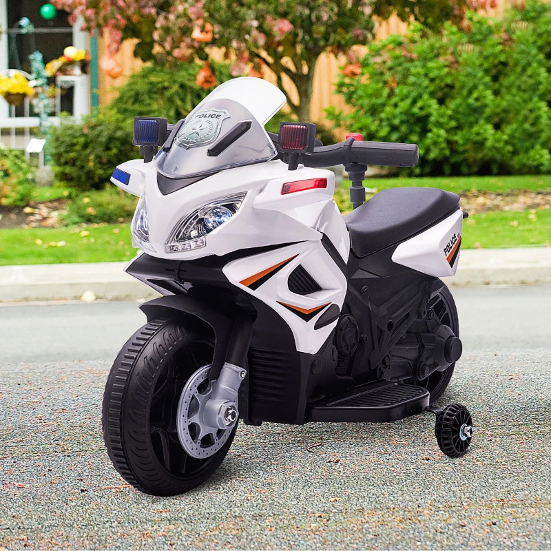 HOMCOM Kinder Polizei Elektromotorrad Polizeimotorrad Elektroauto Kinderwagen für 18 bis 36 Monaten mit 2 Scheinwerfer Polizeilichter Elektroquad Weiß+Schwarz 69 x 39 x 43 cm