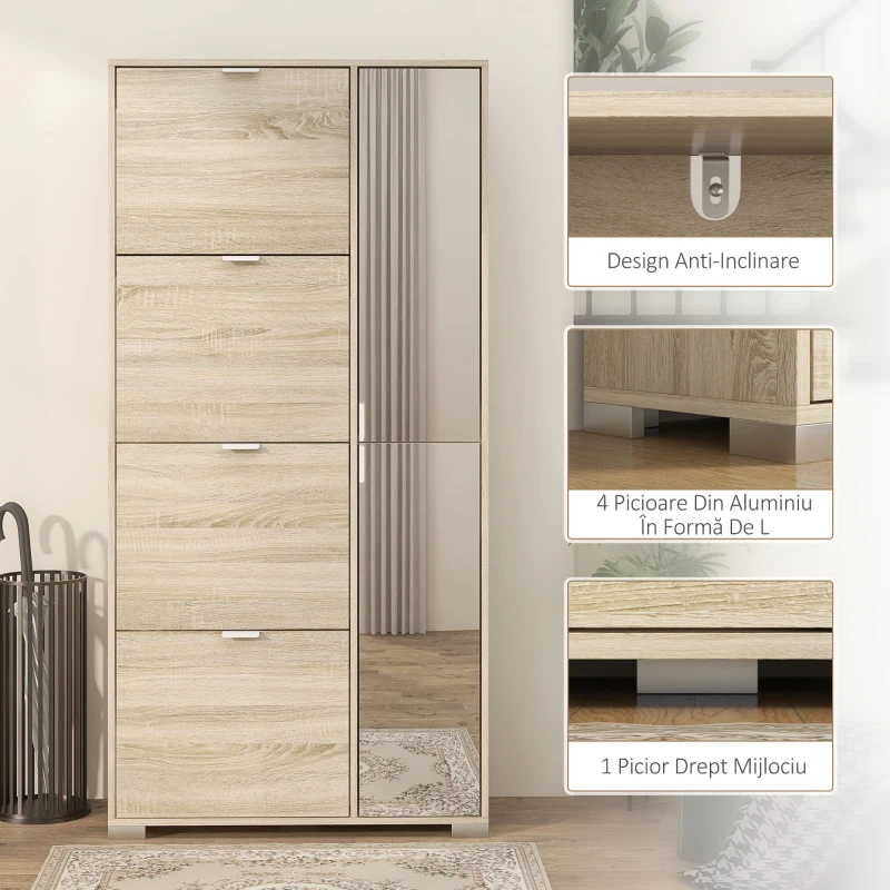 HOMCOM Etajeră pentru Pantofi cu Oglindă, 4 Sertare Rabatabile și 2 Dulapuri, 82x30x168 cm, Culoare Stejar(m-8)