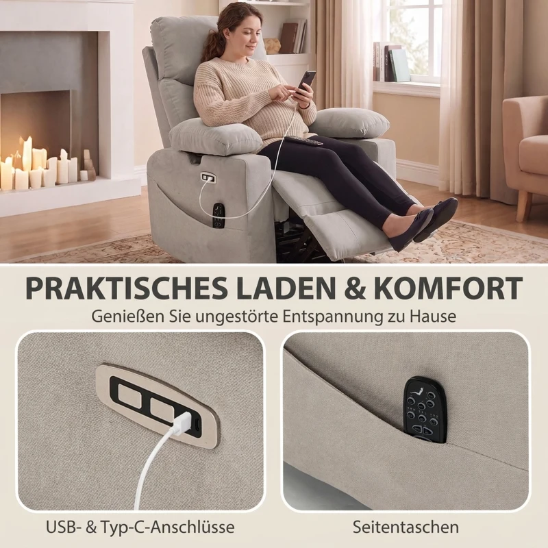 HOMCOM Elektrische Relaxfauteuil met Massage en Verwarming, 270° Draaibaar en Schommelend, 3D-armleuningen, Verstelbare Hoofdsteun, USB-C/USB, Lichtgrijs