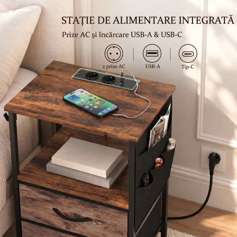 HOMCOM Măsuță industrială pentru living cu stație de încărcare, raft deschis, 2 sertare, maro rustic