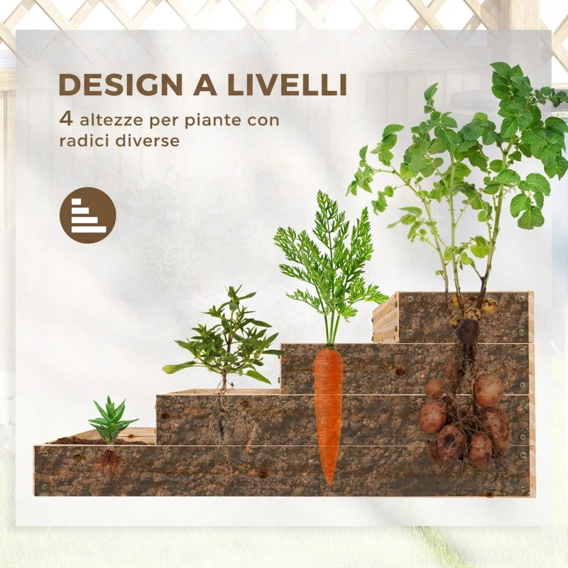 Outsunny Letto per Orto Rialzato a 4 Livelli in Legno di Abete con Fondo Aperto, 113x113x46 cm, Color Legno