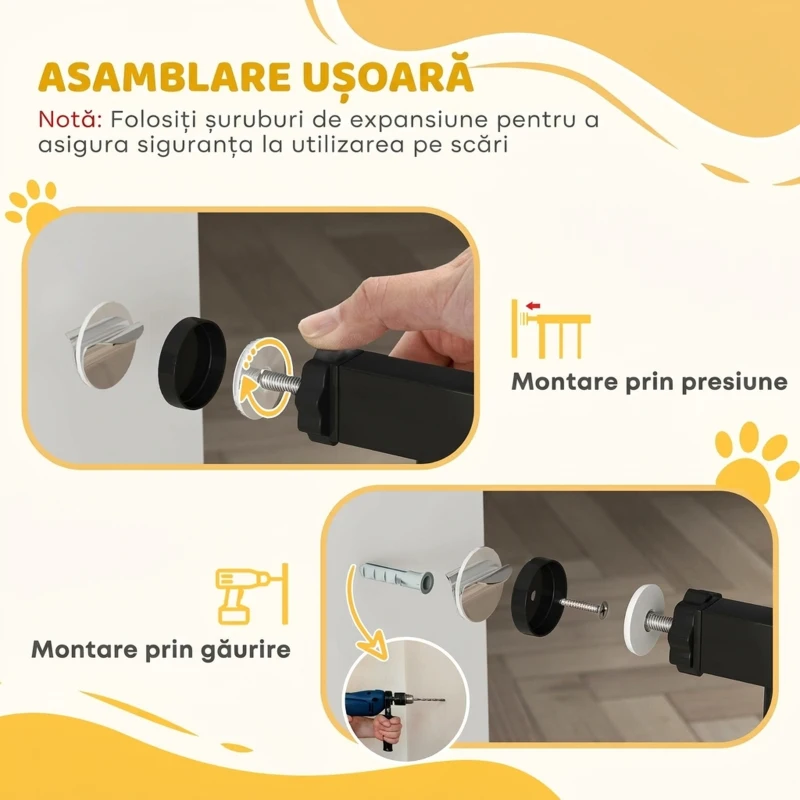 PawHut Poartă de Siguranță Extensibilă pentru Câini 75-115 cm, Înălțime 76 cm, Fără Găurire, Negru