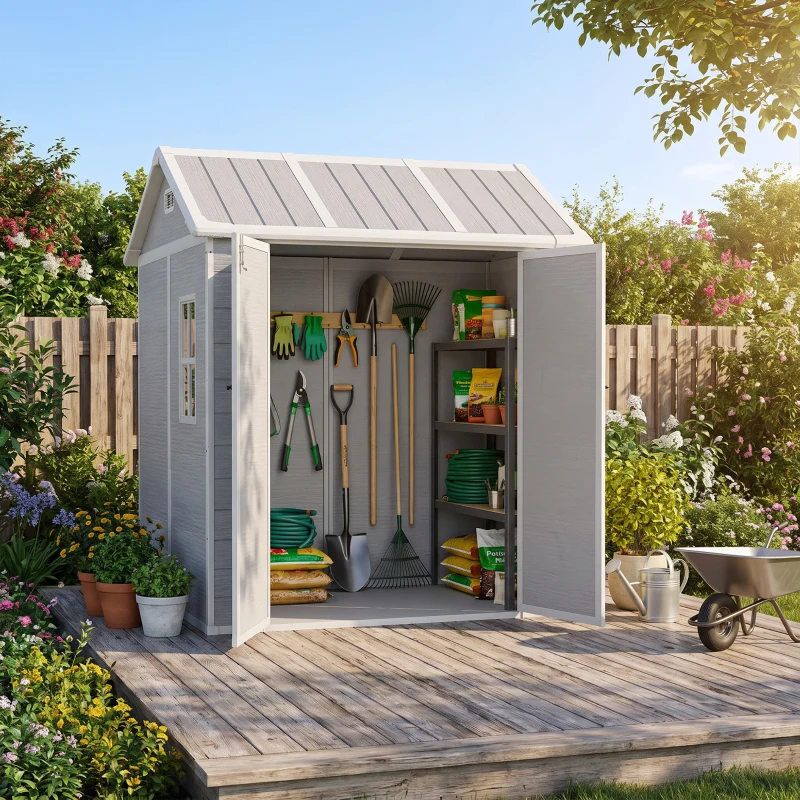 Outsunny 6 x 6ft Garden Shed with Floor, Window, Lockable Doors and Vents, Wood Effect Resin Tool Shed for Outdoor Patio, Grey