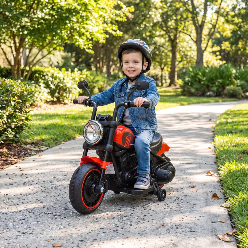 HOMCOM Motocicletă electrică pentru copii 18-36 luni cu roți ajutătoare și far, 76x42x57 cm, roșu și negru