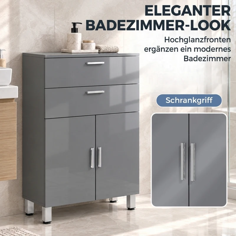 kleankin Badkamerkast, badkamercommode met 2 lades, verstelbare plank, hout, grijs