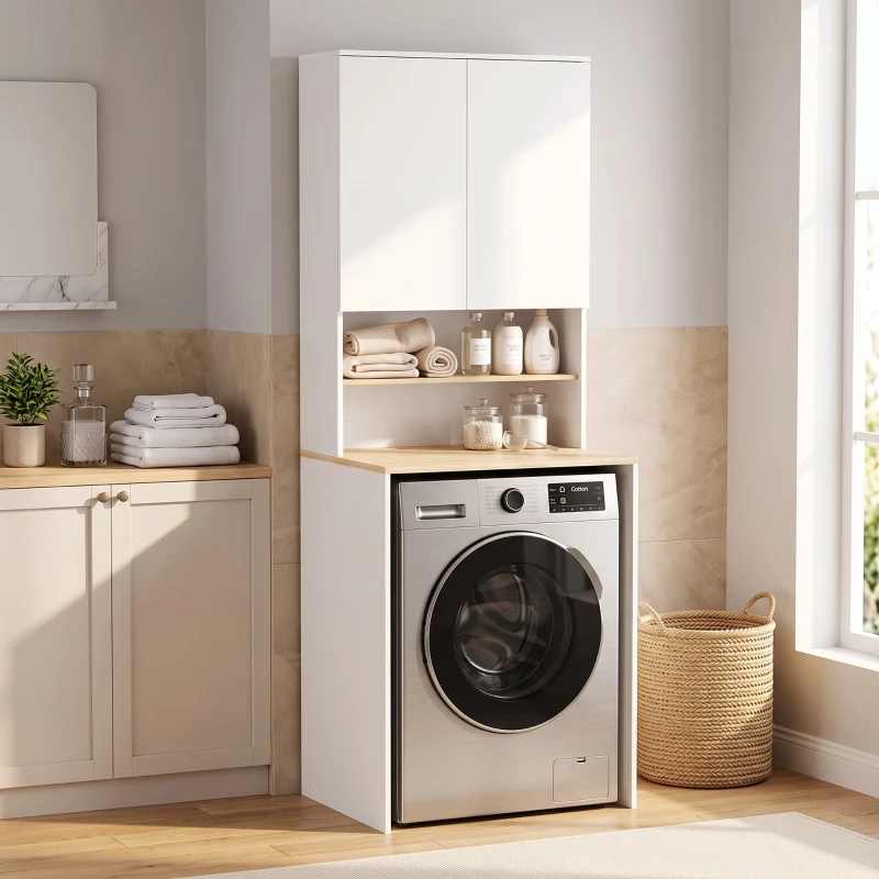 HOMCOM Wasmachinekast met verstelbare legplank en 2 deuren, wit/eiken