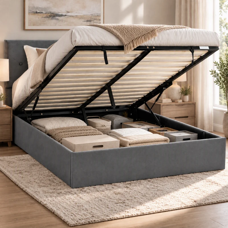 HOMCOM King Size Bed Frame Gas End Lift Under Bed Storage Upholstered Platform Bed Tufted Headboard for 150 x 200 cm Mattress