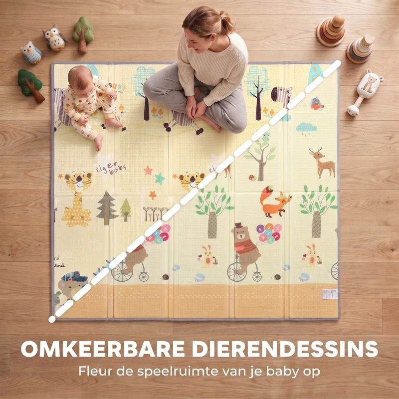 AIYAPLAY Opvouwbare, omkeerbare baby speelmat met bosdieren- en natuurmotief, 200 x 180 cm, voor kinderen van 0-3 jaar
