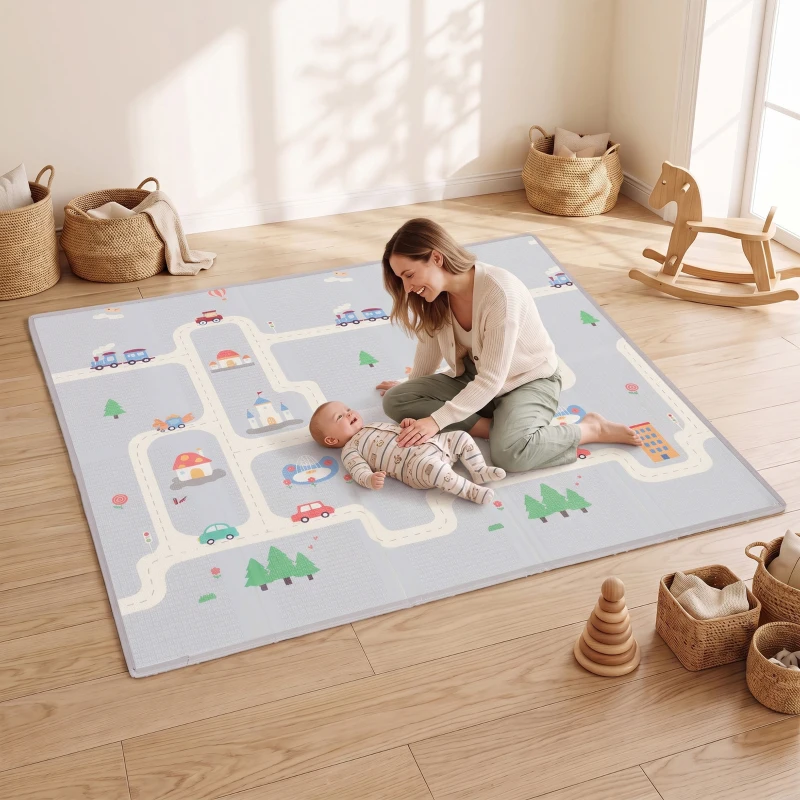 AIYAPLAY Esterilla de gateo plegable reversible para bebé con motivos de tráfico y dinosaurios 200 x 180 cm para niños 0-3 años