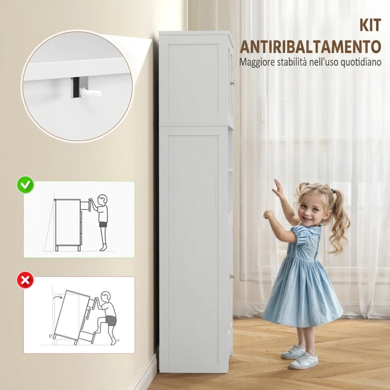 HOMCOM Credenza Cucina con 2 Armadietti e 3 Vani Aperti, Ante a Vetro e Ripiani Regolabili, 60x30x145.5 cm, Bianco