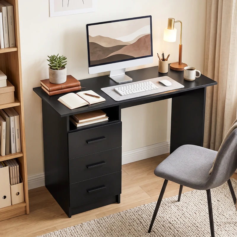 HOMCOM Scrivania Salvaspazio con 3 Cassetti, Ripiano Aperto, Scrivania Ufficio, Moderna, 100x40x75 cm, Nero