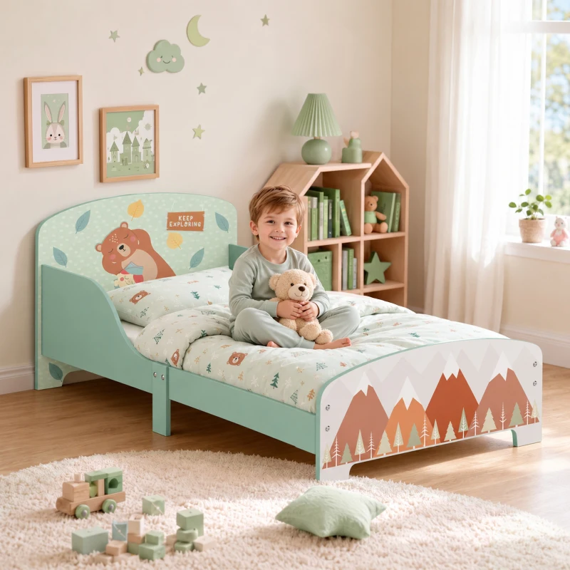 ZONEKIZ Cama para Niños 143x77x60 cm Cama Infantil de 3-6 Años con Barreras de Protección y Estampados Carga Máx. 40 kg Verde