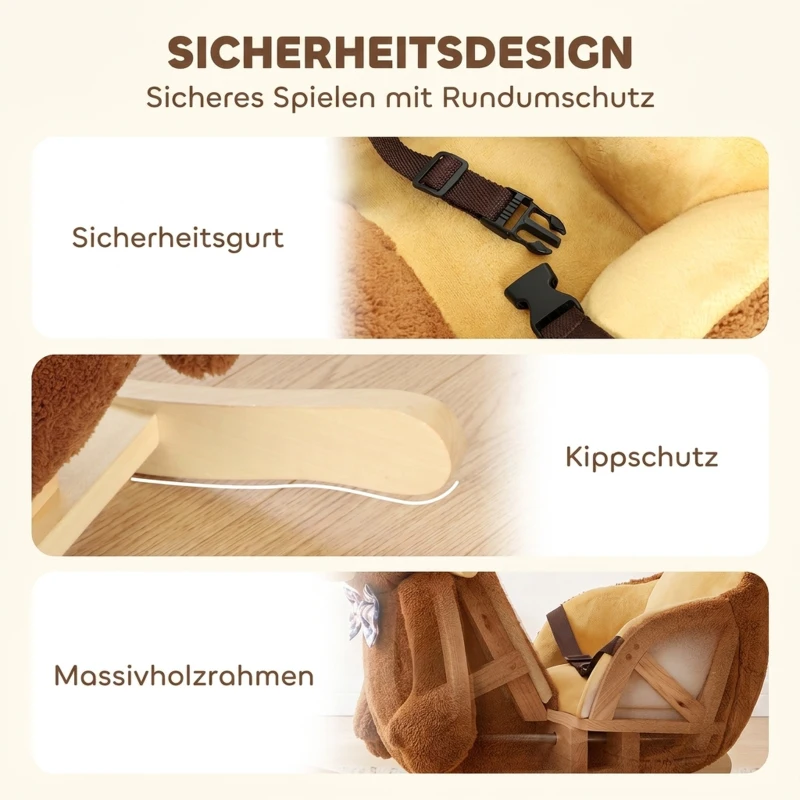 AIYAPLAY Schaukelpferd aus Holz mit Cartoon-Bär, Sicherheitsgurt und Musik, für Kleinkinder 18-36 Monaten, Braun