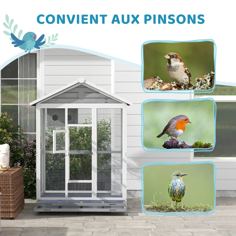 PawHut Grande cage oiseau volière à oiseaux intérieur exterieur, 4 perchoirs 112 x 68 x 154 cm gris(m-8)
