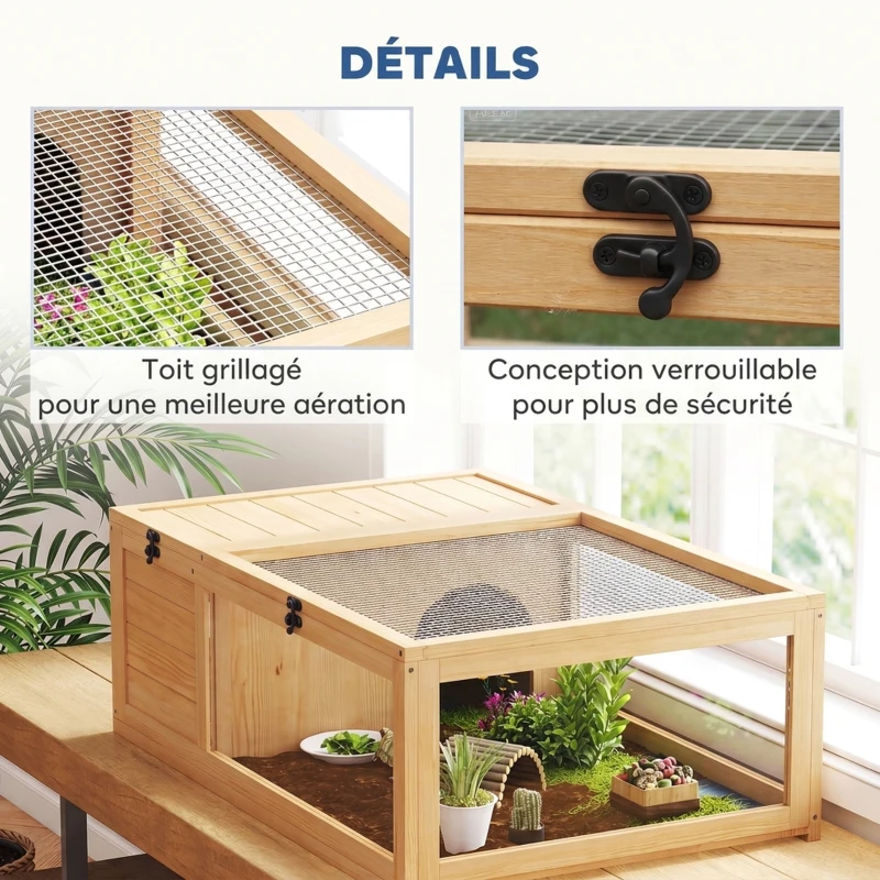 PawHut Maison enclos cage habitat pour petit animal tortues avec 2 espaces 91 x 60,5 x 32 cm bois massif jaune clair(m-6)
