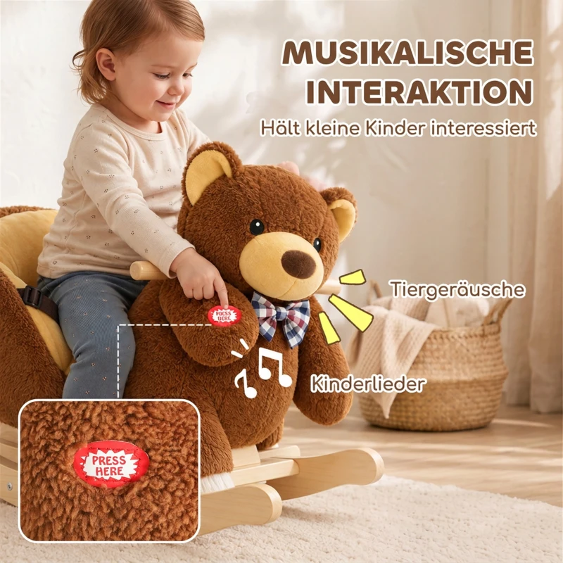 AIYAPLAY Schaukelpferd aus Holz mit Cartoon-Bär, Sicherheitsgurt und Musik, für Kleinkinder 18-36 Monaten, Braun