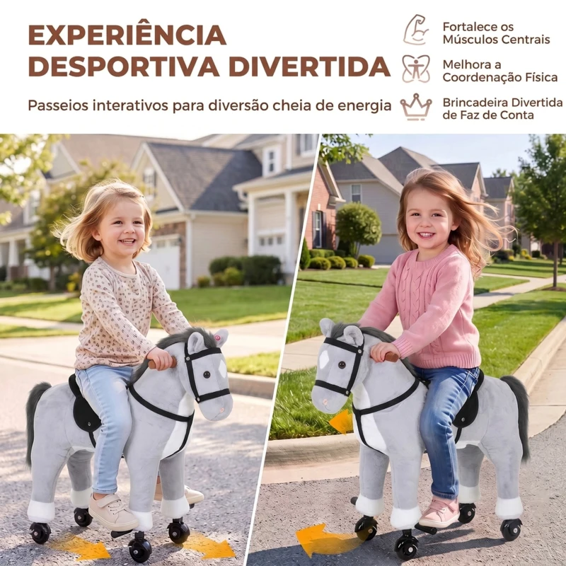 AIYAPLAY Cavalo de Brincar com Rodas, Sons de Cascos, Música, Pedais e Pegas, Estrutura em Metal, +3 Anos, 50 kg, Cinzento