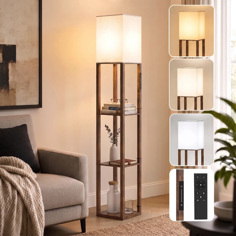 HOMCOM Floor Lamp with Shelves, Modern Dimmable Standing Lamp with Fabric Shade, Adjustable Colour Temperature, Rustic Brown