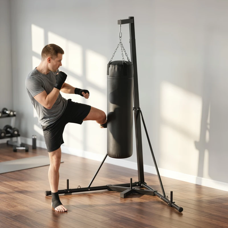 SPORTNOW Boxsackständer, Boxsackhalterung, höhenverstellbar, freistehend, klappbar, Stahl, 170 x 90 x 225 cm, schwarz
