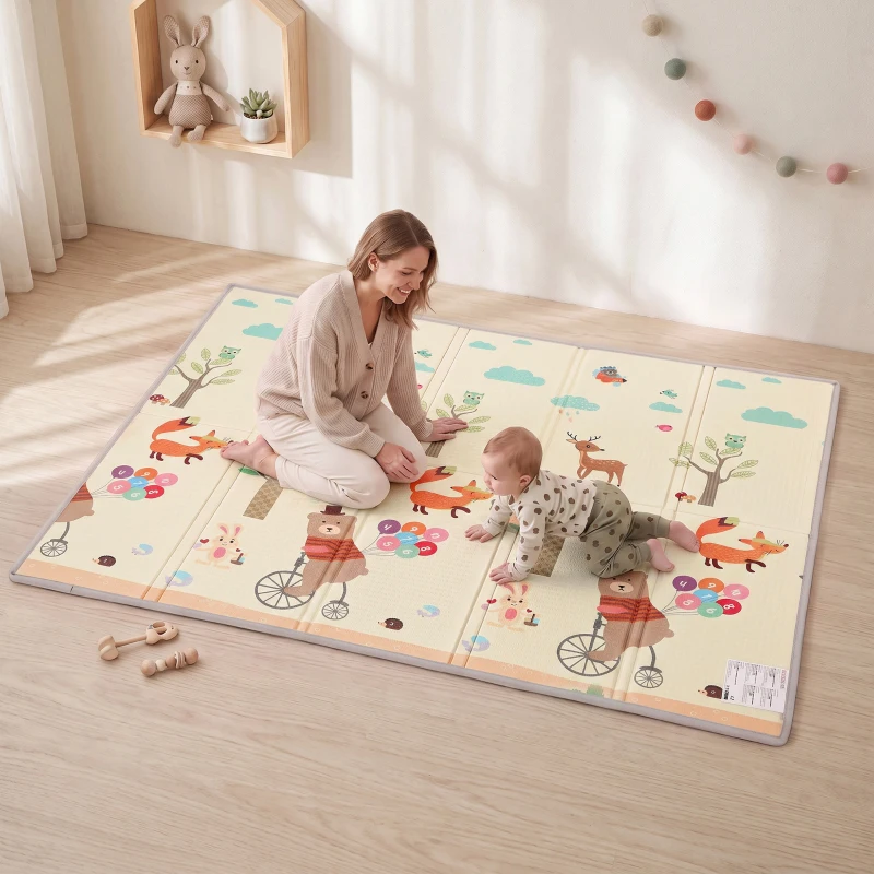 AIYAPLAY Alfombrilla de gateo plegable reversible para bebé con motivo de zorro 200 x 150 cm antideslizante e impermeable para niños 0-3 años