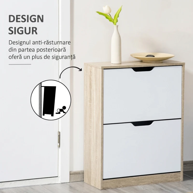 HOMCOM Dulap pentru Pantofi Slim, Economisitor de Spațiu, cu 2 Sertare pentru 8 Perechi de Pantofi, 62.5x26x81 cm, Lemn și Alb