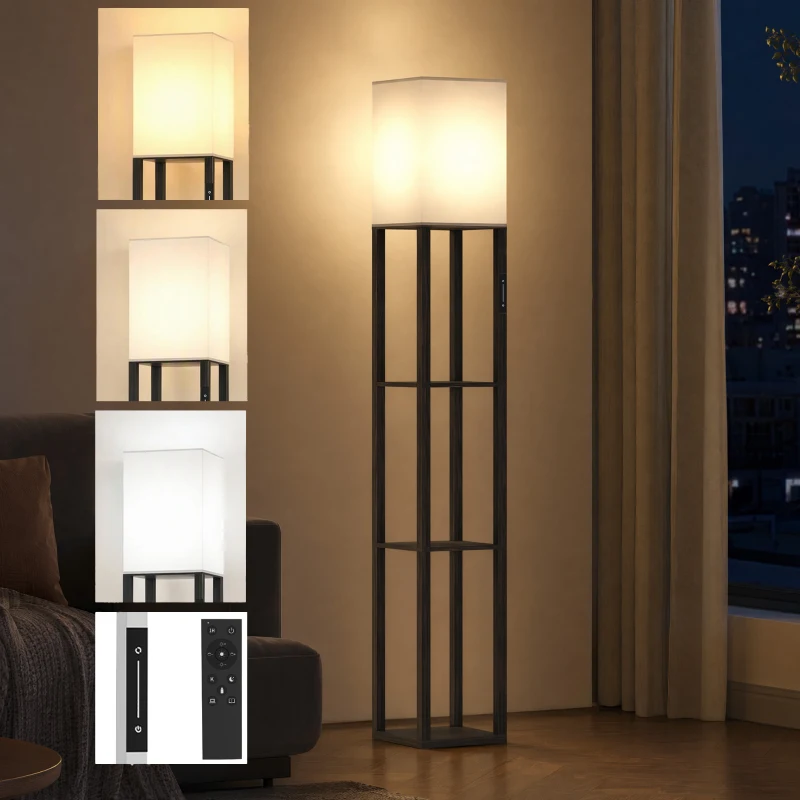 HOMCOM Vloerlamp met Planken, Moderne Dimbare Staande Lamp met Stoffen Kap, Instelbare Kleurtemperatuur, Zwart