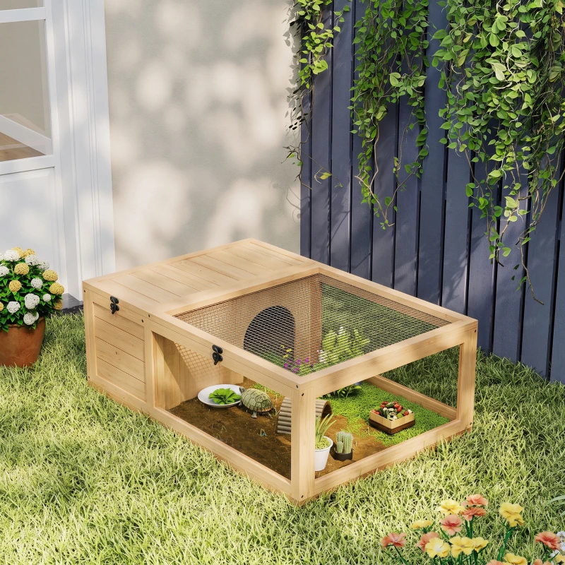 PawHut Maison enclos cage habitat pour petit animal tortues avec 2 espaces 91 x 60,5 x 32 cm bois massif jaune clair(m-9)