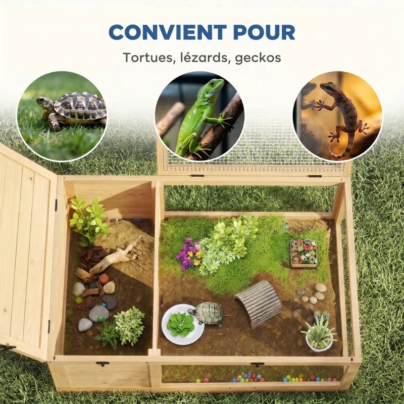 PawHut Maison enclos cage habitat pour petit animal tortues avec 2 espaces 91 x 60,5 x 32 cm bois massif jaune clair(m-7)