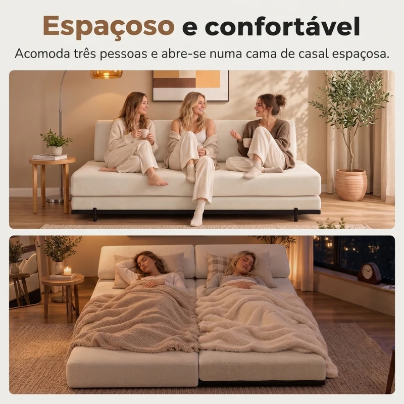 HOMCOM Sofá-cama 3 em 1 de 3 Lugares com 2 Almofadas Laváveis e Estrutura em Aço 193x82x57 cm Creme