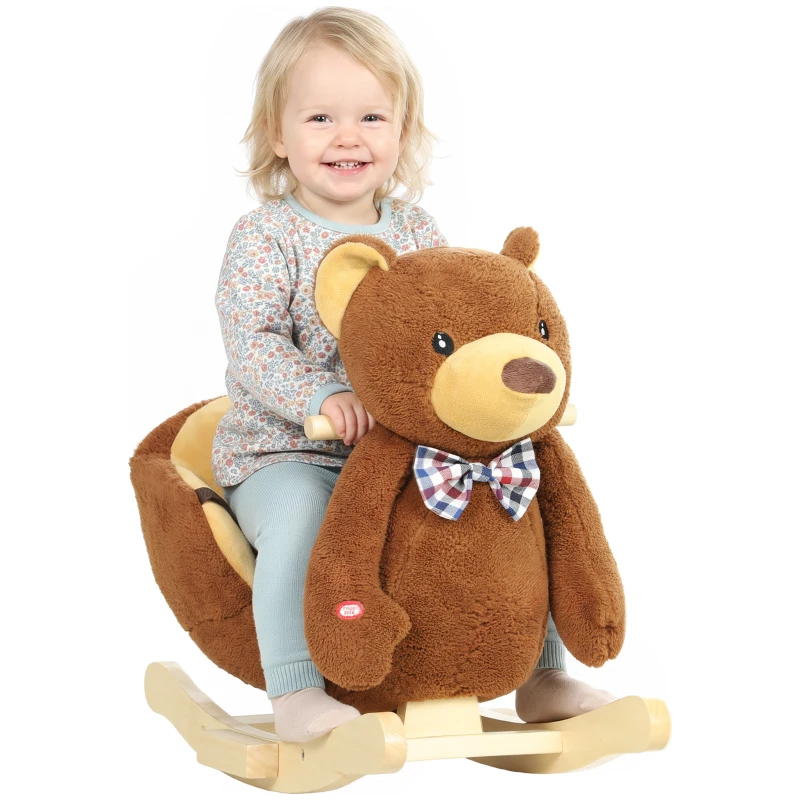 AIYAPLAY Schaukelpferd aus Holz mit Cartoon-Bär, Sicherheitsgurt und Musik, für Kleinkinder 18-36 Monaten, Braun