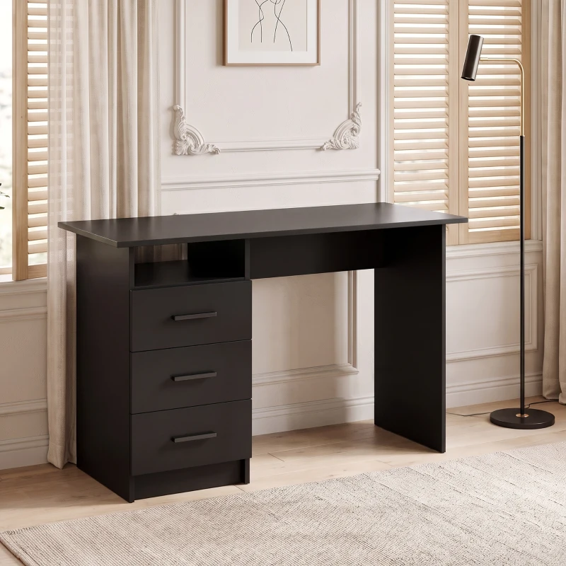 HOMCOM Scrivania Salvaspazio con 3 Cassetti, Ripiano Aperto, Scrivania Ufficio, Moderna, 100x40x75 cm, Nero