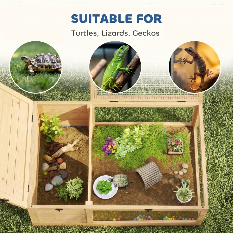 PawHut Tortoise House, Small Reptile Wooden House, with Mesh Roofs, Side Panels, for Turtles