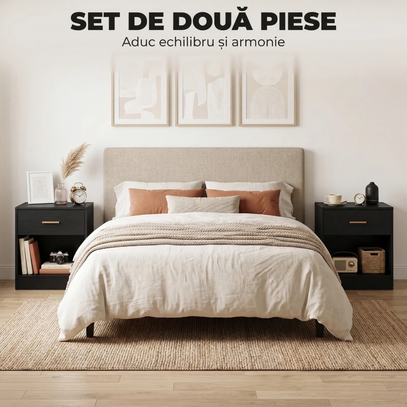HOMCOM Set 2 Noptiere Moderne din Lemn cu Sertar și Poliță Deschisă, 39x28x41 cm, Negru