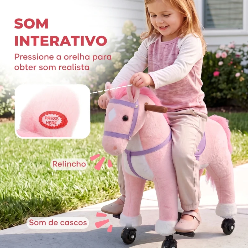AIYAPLAY Cavalo de Brincar com Rodas, Som de Cascos, Música, Pedais e Pegas, Estrutura Metálica, +3 Anos, 50 kg, Rosa