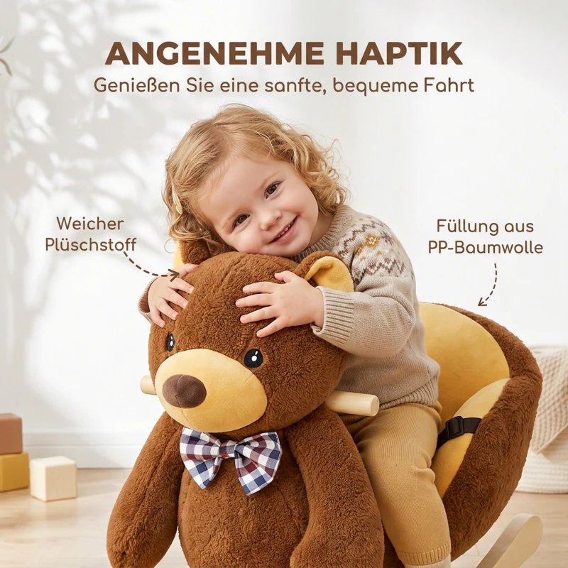 AIYAPLAY Schaukelpferd aus Holz mit Cartoon-Bär, Sicherheitsgurt und Musik, für Kleinkinder 18-36 Monaten, Braun