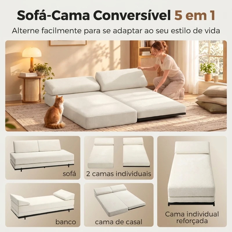 HOMCOM Sofá-cama 3 em 1 de 3 Lugares com 2 Almofadas Laváveis e Estrutura em Aço 193x82x57 cm Creme