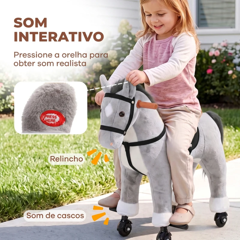 AIYAPLAY Cavalo de Brincar com Rodas, Sons de Cascos, Música, Pedais e Pegas, Estrutura em Metal, +3 Anos, 50 kg, Cinzento