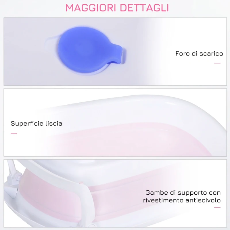 HOMCOM Vaschetta per Bagnetto per Neonati Ergonomico Pieghevole Piedini Anti-Scivolo Standard EN71-1, EN71-2, EN71-3 Rosa Età Adatta: 0-3anni 80x48x21cm