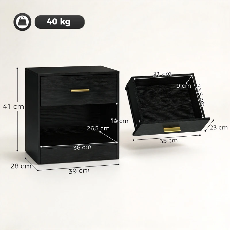 HOMCOM Set 2 Noptiere Moderne din Lemn cu Sertar și Poliță Deschisă, 39x28x41 cm, Negru