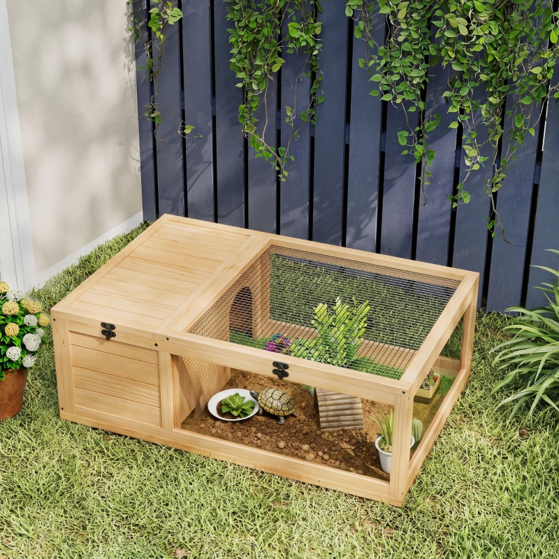 PawHut Tortoise House, Small Reptile Wooden House, with Mesh Roofs, Side Panels, for Turtles